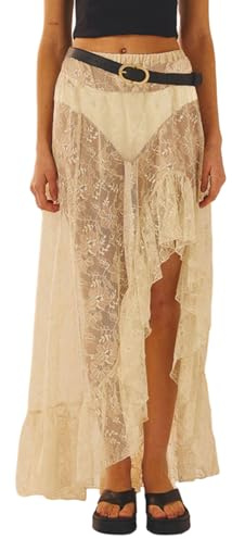 Faldas largas de encaje y volantes para mujer, estilo vintage, cintura alta, dobladillo asimétrico, faldas midi de malla fluidas, Color blanco crema., S