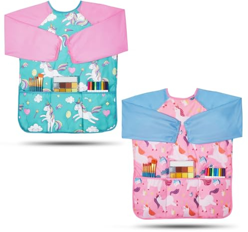 Lictin 2 Stück Malkittel Kinder 3–8 Jahre, Malkittel Cchule 1. Klasse, Wasserdicht Maleranzug mit 3 Taschen und Langen Ärmeln, Malerschürze für Schule Malerkittel Kinder