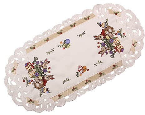Osterhäschen-Stickerei Tischläufer, Tischdecken und Mitteldecke in Champagner-Ecru-Farbe für Ostern (35x70 cm)