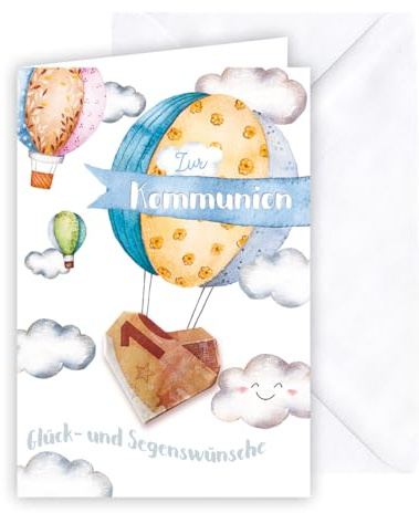 KE - Fröhliche Geldscheinkarte - Glückwunschkarte zur Kommunion für Jungen und Mädchen, inkl. Umschlag, DIN B6 Format, Kommunionskarte, Motiv: Ballon mit Geldschein als Korb