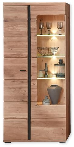 Vitrine Altesche massiv mit LED-Beleuchtung in Old Artisan Oak Optik | 90 x 203 x 38 cm (B/H/T), FSC-zertifizierter Vitrinenschrank, Wohnzimmer, 2 Türen, Ablageböden, viel Stauraum
