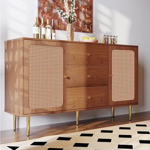 HYUB Sideboard 150x40x90cm Beistellschrank Schrank Mehrzweckschrank Flurschrank mit Rattan Einsatz und Verstellbare Ablage, Kommode Anrichte mit 3 Schubladen und 2 Türen, Nussbaum, Holzfarbe