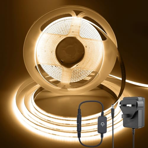 ShineBurky Striscia LED COB 5 Metri Bianco Caldo, 12V Luci LED Striscia Luminoso Strisce LED Flessibile per Interno Esterno Cucina Natale Camera da Letto Decorazione (con Adattatore)