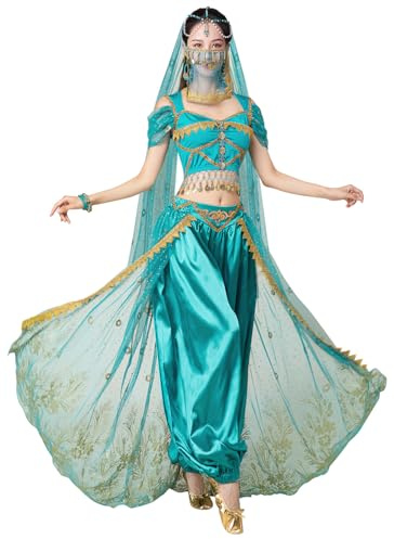 ELLYDOOR Arabisches Jasmin-Kostüm für Damen, Prinzessinnen-Kostüm, Halloween, Bauchtanz-Top, Hose, 4-teiliges Outfit