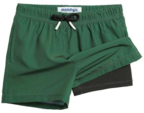 maamgic Bañador Niño con Forro 2 en 1 de Compresión y Cintura Ajustable Shorts Traje de Baño Bañador Corto de Natación Secado Rápido VÍA Multiple,Feliz Verde,10-12 años