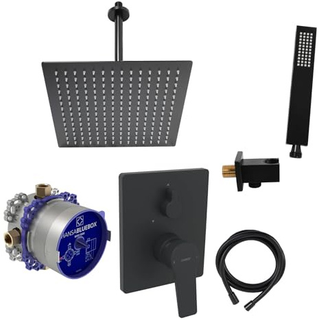 vanvilla Duschsystem Unterputz mit Duscharmatur Hansa schwarz AS103 | Duscharmatur von Hansa Twist Einhebelmischer und vanvilla Regendusche Duschkopf eckig, Dusch-Set schwarz matt
