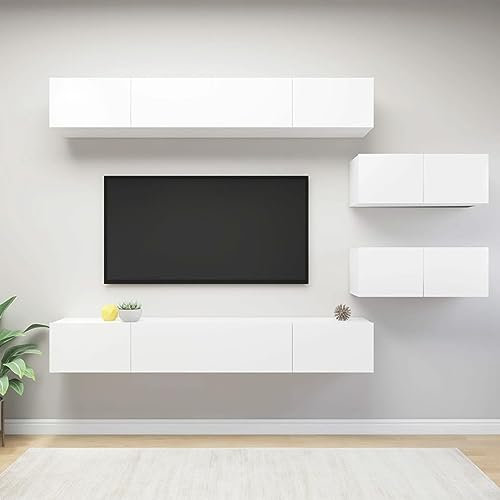 Sufrk 6 st vit spånskiva, TV-ställ för vardagsrum, TV-bänk med hylla, enkel montering