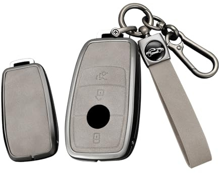 TECART Autoschlüssel Hülle Schlüsselhülle Passt für Mercedes Benz Klasse A B C CLA CLS GLB GLC S W177 W247 W205 S205 C205 A205 C118 Schlüssel Hülle Leder Cover Schlüsselschutz 3 Tasten Grau