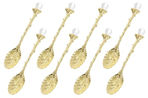 sourcing map 8 Pcs Retro Spoons, 4.3 Inch Crystal Alloy Coffee Spoons,Vintage Carved Tea Spoon Leaf Flower Pattern Dessert Spoon Ice Cream Spoons for Stirring Mixing Gold