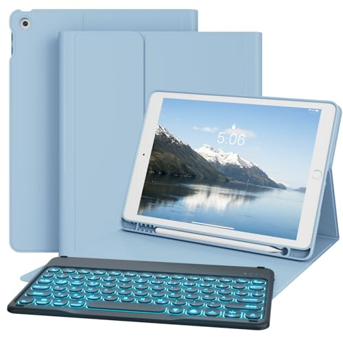 GKABXY Custodia con tastiera per iPad 9/8/7 generazione (2021/2020/2019) 10.2 pollici Soft TPU Cover posteriore con portapenne, 7 colori retroilluminati, tastiera Bluetooth magnetica rimovibile, blu