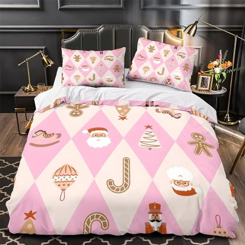 LIAOHENKAN Cream Pink - Santa, Nutcracker 3Pcs Full Size Bedding Set for Kids Boys Girls Ultra Soft Comforter Set with Zipper Closure Breathable Duvet Cover Set Bedclothes King（220x240cm）