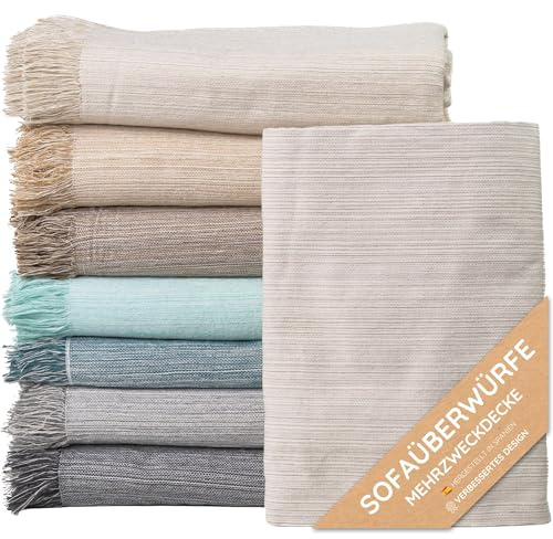 Jarapa Home Tagesdecke Baumwolle Wohndecke – Sofadecke Sofaüberwurf Bettüberwurf Überwurfdecke für Sofa & Bett – Mehrzweckdecke Couch Überwurf Plaid – Warme gesteppte Decke mit Fransen