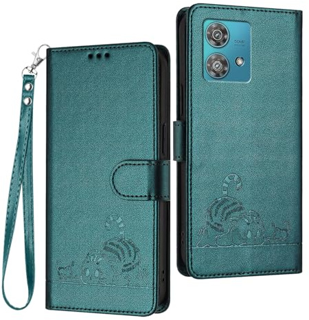 WBWONE Funda Cuero para Motorola Moto Edge 40 Neo Cartera Magnética Carcasa RFID, Ranuras Tarjetas/Soporte Plegable Patrón Gato Diseño - Verde Oscuro