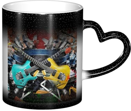 NDDCEDEW Tazzine da caffè in ceramica, con manico a forma di cuore, per chitarra, stampate, per casa, ufficio, 325 ml (nero/rosso/blu)