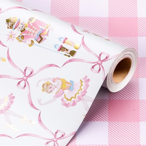 Wikadlik Weihnachts-Geschenkpapierrolle – Nussknacker-Ballettschleife und kariertes Design, niedliches rosa Geschenkpapier – 43 cm x 10 m
