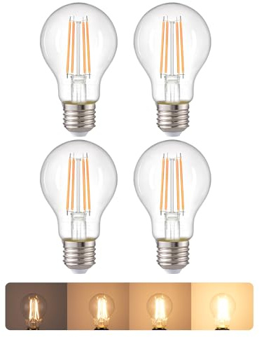 EDISHINE 4 Pack E27 Dimmable LED Bulb, 6.5W 2700K Warm White, 806LM | CRI 80+, 300° Beam, A60 Vintage Edison Screw Bulb, Energy Saving Filament Bulbs for Bedroom, Living Room, Pendant Lights