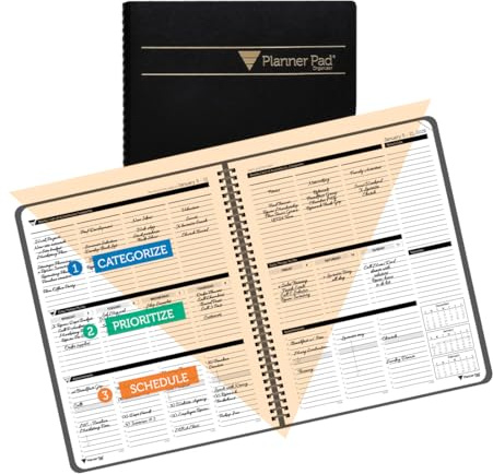 Planner Pad Spiral Bound January-December 2026/ Calendar Year 8 1/2 x 11 Large 3-Tier Funnel Down 12 Month Organizer, Black Cover/Black Ink