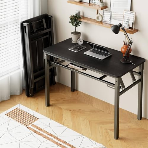 BYMECOST 31.5 inches Folding Desk Small Desk, No Assembly Computer Desk with Storage Shelf, No Install Small Foldable Table for Home Office,Study Table for Small Space (Black, 31.5)