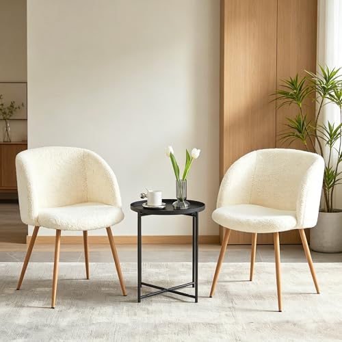 NORDICANA Esszimmerstühle 2er Set, Teddy Sessel, Schminktisch Stuhl, Küchenstühle, Wohnzimmerstuhl, Metallbeine mit Holzmaserungseffekt, Beige, für Wohnzimmer, Esstisch, Schminktisch