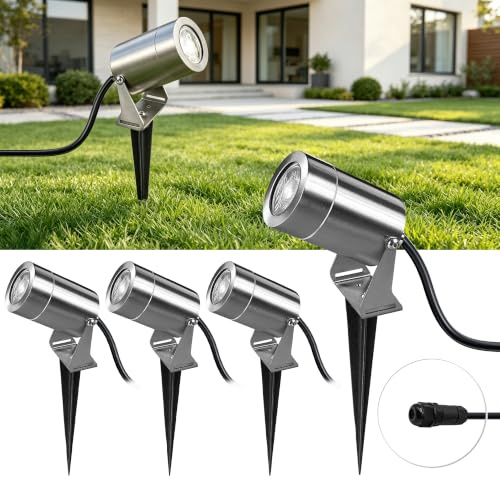 JNR Edelstahl LED Gartenbeleuchtung mit Strom und Erdspieß, Silber 4 Pack | IP65 Wasserdicht Gartenlampen für Draußen Strom mit 2M Kabel Kein Stecker, Gartenleuchten 5W GU10 3000K Warmweiß Glühbirne