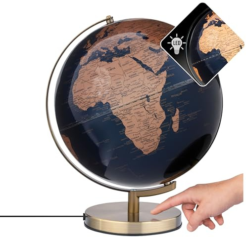 TROIKA Globus beleuchtet Touch Funktion 30cm Durchmesser STELLAR LIGHT TOUCH Beleuchtung inkl. Ladestecker auf gebürstetem Metallfuß aus Kunststoff und Metall in bronzefarben und dunkelblau