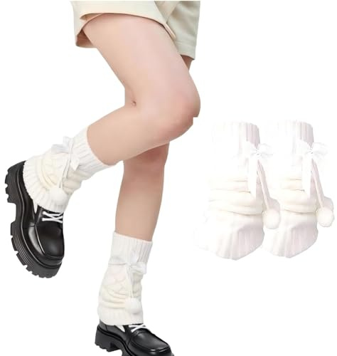 YCZARD Y2K Leg Warmers - Harajuku Kawaii Bow Tie Leg Warmers, 80s Y2k Ribbed Knit Legwarmers for Women Girls Ladies White (White PomPom Ball Style)