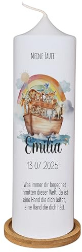 Taufkerze, Kommunionkerze Boot Emilia - für Jungen und Mädchen, Personalisiert mit Name, Datum und Taufspruch | Kerze Arche Noah - Regenbogen