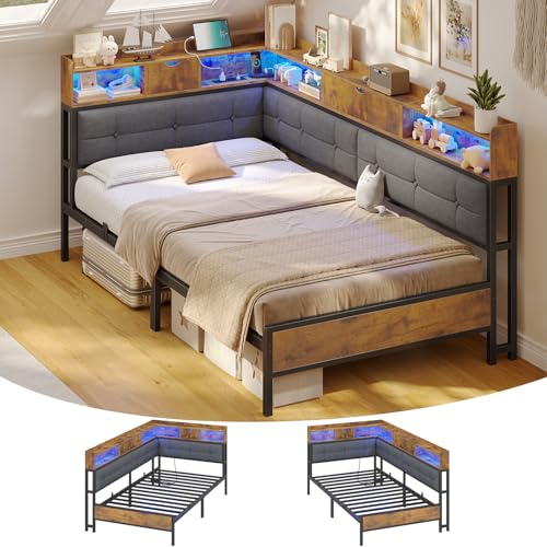 AOGLLATI Bett 90x200 mit 6 Staufächern Jugendbett 90x200 mit LED-Beleuchtung Kinderbett Polsterbett Schlafsofa mit Steckdosen Gästebett Tagesbett mit Lattenrost aus Metall(Dunkelgrau, 90x200cm)