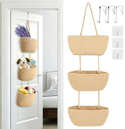 CAMETNG 3 Stöckig Hängekorb, Baumwollseil Wandkorb mit 6 Haken, Vielseitiger Wandbehang, Hängeorganizer für Küche, Wohnzimmer, Badezimmer, Schlafzimmer