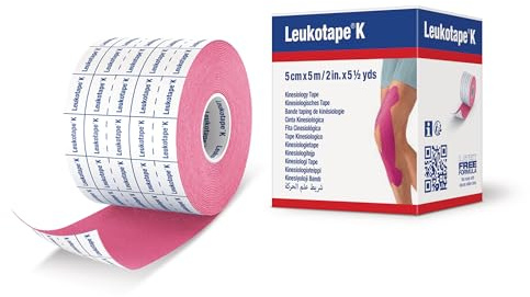 Leukotape K Bande de taping neuro-proprioceptive, 5 cm x 5 m, 1 rouleau | Rose, Pour le soutien musculaire et le soulagement de la douleur