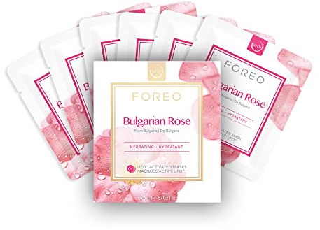 FOREO Bulgarian Rose, maschera viso UFO per pelle secca e spenta, confezione da 3, rimpolpante e lenitiva, rosa bulgara e olio di semi di jojoba, naturale e cruelty free, compatibile con UFO/UFO 2
