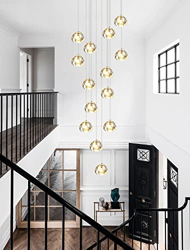LED Moderne Pendelleuchte Kristall Deckenlampe Villa Kronleuchter | Esszimmer Pendellampe Design Treppenhaus Hängelampe Höhenverstellbar lange Deckenleuchte Hängeleuchte Square (14-flammig)