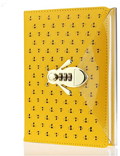 Mazeran Bee Shaped Combination Lock Journal, PU Leather Hard Cover Notebook Cute Diary, A5 Lined Password Locking Personal Planner Secret Organizer Gift for Girls Women Daughter