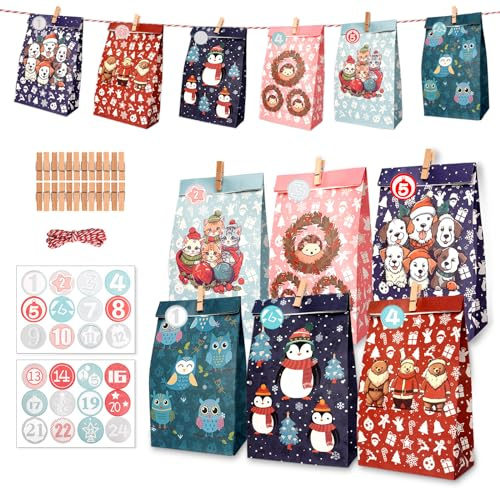 ONEHAUS Adventskalender 2026 zum Befüllen Groß Tüten Taschen Kinder Basteln | Geschenk Papiertueten, Zum Selber Befüllen Basteln, Advents Tüten, Kinder Selberfüllen, Weinachten, Pinguin, Große Tüten