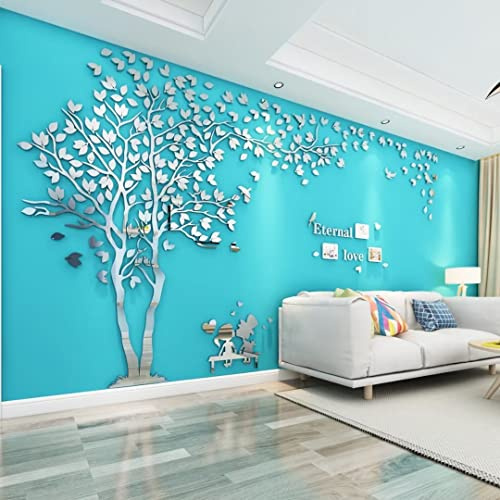 Baum Wandaufkleber Wandtattoo 3D DIY Sticker mit Familie Bilderrahmen Fotorahmen Wandbilder Wandkunst für Wohnzimmer Schlafzimmer (Silber Links,XL-180 * 350cm)