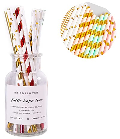 100 Stück biologisch abbaubare goldene Papierstrohhalme Party Strohhalme Papiertrinkhalme, für Party, Geburtstag, Hochzeit, Feiern – Mischfarben mit Metallicfolie gestreift/Welle/Herz/Stern (197*6mm)