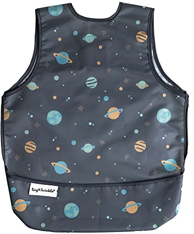 Tiny Twinkle Mess Proof Baby Bib - Waterproof Baby Apron - Machine Washable - PVC, BPA, & Phthalate Free - Great Travel Bib for Baby Eating - Baby Food Bibs (Space, Large 2-4 Years)