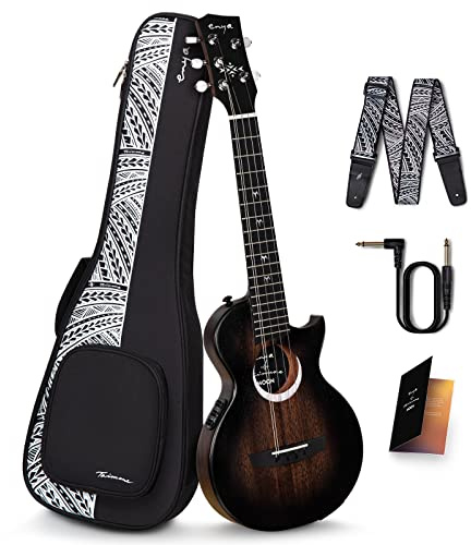 Enya Ukulele Elektrisch Tenor Set - 26 Zoll Taimane Moon Schwarze All Solid Mahagoni 5-Saiten Ukulele Bausatz Eingebauten AcousticPlus Tonabnehmer für Kinder Erwachsen Anfänger Reise Campen Geschenk