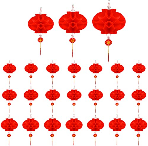 24 Piezas 20/25/30 cm Linternas Chinas Rojas, Farolillos de Papel con Decoraciones de Personajes Fu Decoración el Año Nuevo Chino Decoración de la Fiesta del Festival de Primavera