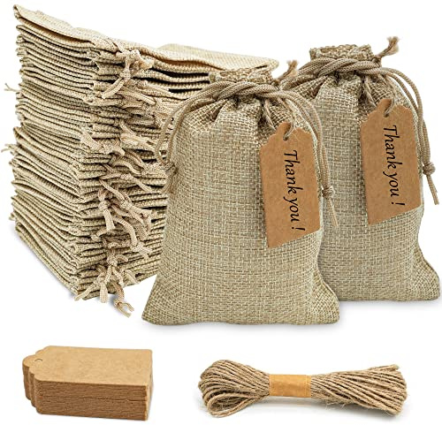 Elodyunhc 30 Pcs Jute Burlap Gift Bags with Drawstring, 10 x 15 cm, Small with 30 Pieces Gift Tags and 10 m Hemp Rope, Reusable for Jewellery, Wedding, Christmas
