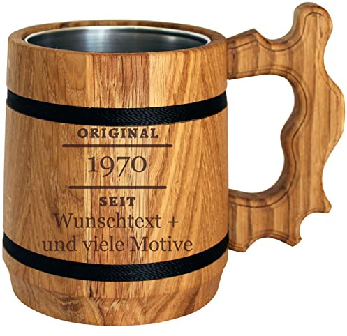 Geschenkissimo Geburtstag Geschenk - personalisierter Holz Bierkrug mit Name + Motiv - Geburtstagsgeschenk für Männer, Frauen, Bier Fans - Bierhumpen als Biergeschenk, Geschenke