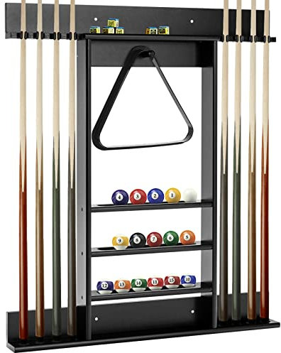 GOPLUS Billardständer, Pool Queue Halter aus Kiefernholz mit 8 Queue-Stifte, 3-stufig, Ball Rack Halter & Regal, freistehender Billardqueueständer für Bars Clubs Spielzimmer, Wandmontage (Schwarz)