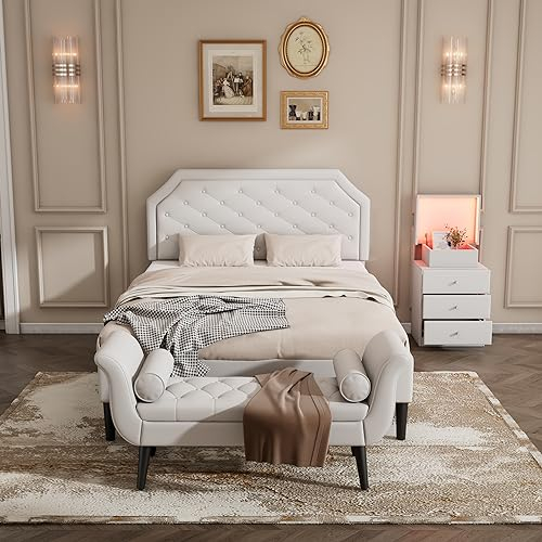 Komplettschlafzimmer Set, Polsterbett, Nachttisch mit 16-farbigen Lichtleisten, 3 Schubladen und eine Schachtel, Betthocker mit zylindrischen Polstern (1x Nachttisch+ Betthocker, Weiß - 140x200 cm)