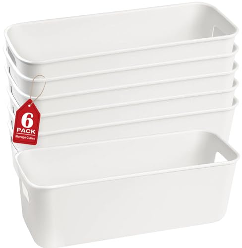 Erinnmy Aufbewahrungsbox Kunststoff, 6 Stück Organizer Box mit Griffen, Aufbewahrungskorb Küchenschrank Organizer,Aufbewahrung Box Körbe Kunststoffbox für Bad Badezimmer Küchen,25 x 9.5 x 9cm(Weiß)