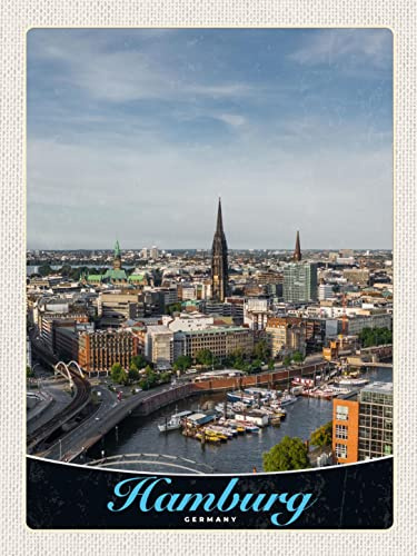 AGDeko® Blechschild 40x30 cm Hamburg Deutschland Hafen Stadt Boote zum Aufhängen oder Stellen Raum Dekoration