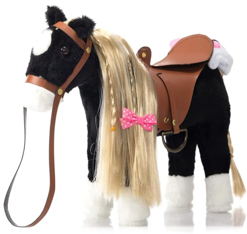 BEJOY Plüsch Pferd Spielzeug Kämmpferd Plüschpferd Plüsch Spielzeug | Pretend Play Pferd mit Sattel, Zaumzeug und Baumwolltuch, Geschenk für Mädchen Kinder 28cm Schwarz
