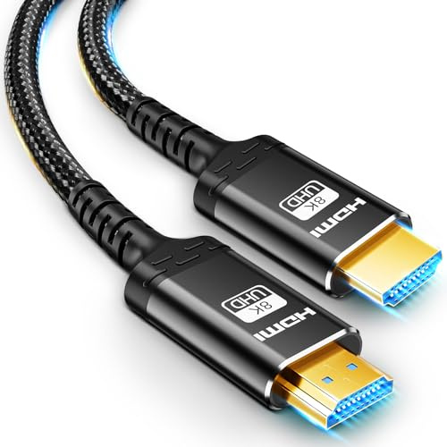Câble HDMI à fibre optique 8K 2.1-50M Unidirectionnel Ultra 48Gbps haute vitesse, 3D, 8K60, 4K120, 144Hz - Plaqué or, câble tressé - Idéal pour les téléviseurs HD, PC, projecteur, grands écrans