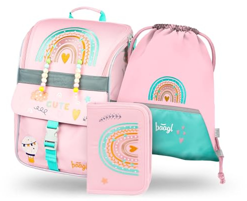 Baagl Schulranzen Mädchen Set 3 Teilig Zippy Schultasche - Regenbogen Rosa | Der ergonomische Schulrucksack und Tornister Ranzen mit Brustgurt für die 1. Klasse Grundschule bietet Komfort.