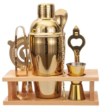 JNWINOG Cocktail Shaker Set Stainless Steel Bartending Kit 18.6oz Cocktail Bar Set Cocktail Mix Drink Making Kit Professional Bar and Home Drink Bar Tools for Bartender (Gold, 7Pcs)