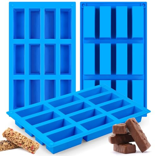 CLUEWR Pack of 3 silicone moulds, rectangular, 12 cavities, energy bars, baking mould, cereal bar, silicone mould, rectangular baking mould for bread bread, cornbread, cheesecake, muffin, brownies and